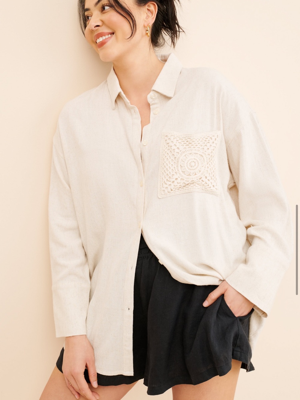 Casual Crochet Pocket Button-Down Shirt - Cream
